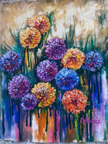 Painting titled "Dandelions orange b…" by Oksana Almiz, Original Artwork, Oil