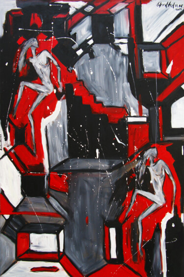 Schilderij getiteld "Black, white, red" door Oksana Budnichenko, Origineel Kunstwerk, Olie