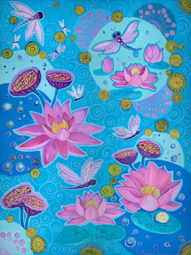 Painting titled ""Lotus" Beautiful a…" by Oksana Chetverikova, Original Artwork, Acrylic Mounted on Wood Stretcher frame