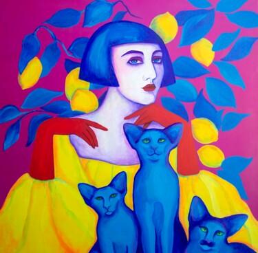 Schilderij getiteld "(Trio of cats)" door Oksana Chumakova, Origineel Kunstwerk, Acryl Gemonteerd op Frame voor houten branc…