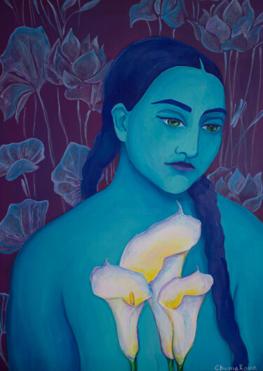 Malarstwo zatytułowany „Girl with flowers” autorstwa Оксана Чумакова, Oryginalna praca, Akryl Zamontowany na Drewniana rama…