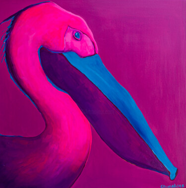 Painting titled "Pink Pelican." by Oksana Chumakova, Original Artwork, Acrylic Mounted on Wood Stretcher frame