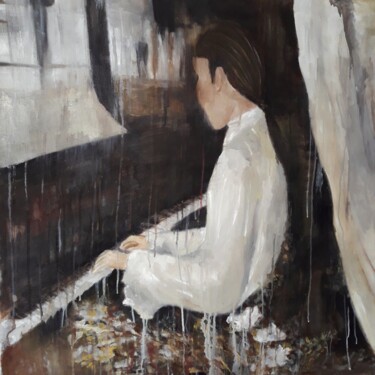 Painting titled "Girl ar the piano" by Oksana Floyd, Original Artwork, Oil