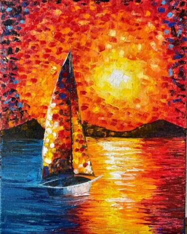 Pittura intitolato "Sailboat painting o…" da Oksana Harris, Opera d'arte originale, Olio