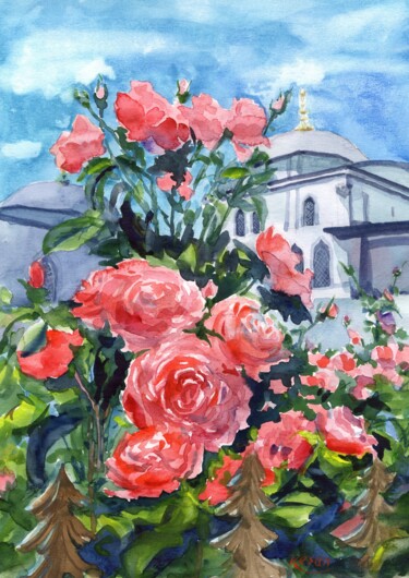 Pittura intitolato "Roses near Blue Mos…" da Oksana Khyzhniak, Opera d'arte originale, Acquarello