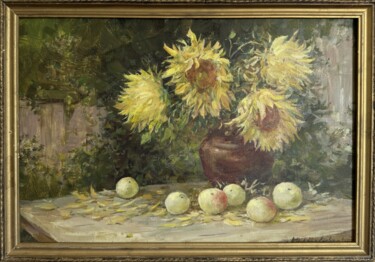 Painting titled "Sunflowers" by Oksana Kyianenko, Original Artwork, Oil Mounted on Wood Stretcher frame