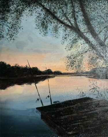 Painting titled "Evening fishing" by Oksana Kyianenko, Original Artwork, Oil Mounted on Wood Stretcher frame