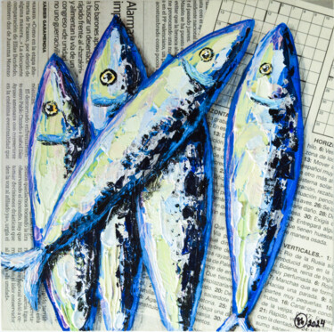 Pittura intitolato "Sardine Fish Blue O…" da Oksana Shevchenko, Opera d'arte originale, Olio