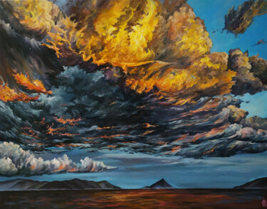 Painting titled "Sky is on fire" by Oksana Sklym, Original Artwork, Oil Mounted on Wood Stretcher frame