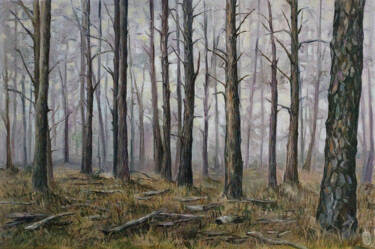 Painting titled "Misty forest" by Oksana Sklym, Original Artwork, Oil Mounted on Wood Stretcher frame