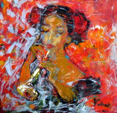 Painting titled "Flute and song" by Oksana Veber, Original Artwork, Acrylic Mounted on Wood Stretcher frame