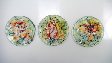Peinture intitulée "Rose plates- 3 peac…" par Oksana Veber, Œuvre d'art originale, Verre