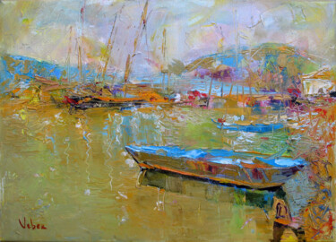 Painting titled "7229. Boats" by Oksana Veber, Original Artwork, Oil Mounted on Wood Stretcher frame