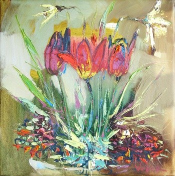 Painting titled "Flowers" by Oksana Veber, Original Artwork, Oil