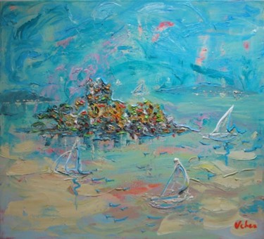 Painting titled "Adriatic Island" by Oksana Veber, Original Artwork, Oil Mounted on Wood Stretcher frame