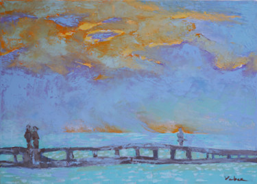 Painting titled "The sunset view fro…" by Oksana Veber, Original Artwork, Oil Mounted on Wood Stretcher frame