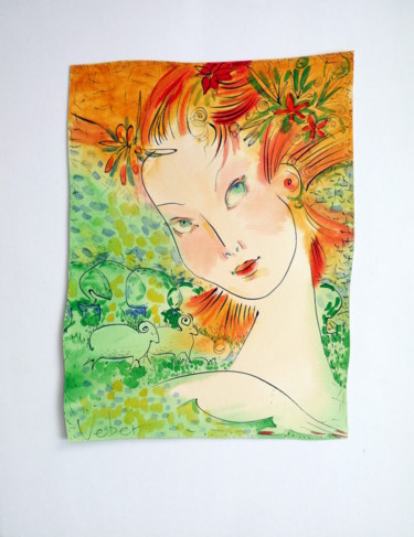 Peinture intitulée "Portrait in green f…" par Oksana Veber, Œuvre d'art originale, Aquarelle Monté sur Carton