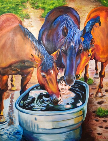 Pintura intitulada "Watering and horses" por Oksana Zaskotska, Obras de arte originais, Óleo