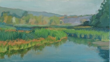 Painting titled "River landscape" by Oksana Zavadovska, Original Artwork, Oil Mounted on Wood Stretcher frame