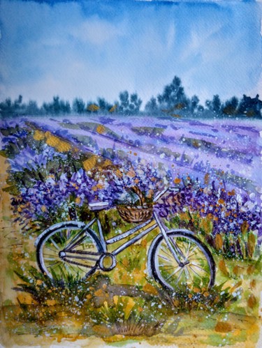 Schilderij getiteld "Bicycle with lavend…" door Oksana Zolotova, Origineel Kunstwerk, Aquarel