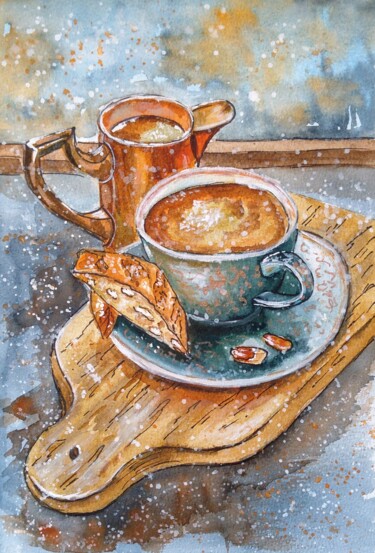 Картина под названием "Coffee with cookies" - Oksana Zolotova, Подлинное произведение искусства, Акварель
