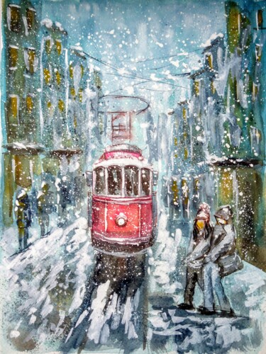 Картина под названием "Winter city landsca…" - Oksana Zolotova, Подлинное произведение искусства, Акварель