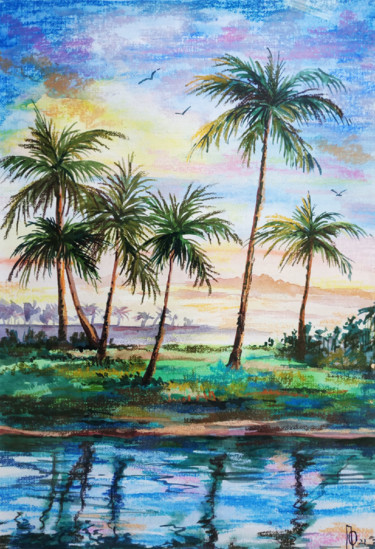 Картина под названием "Hawaii Palm Tree Pa…" - Оксана Притула, Подлинное произведение искусства, Акрил