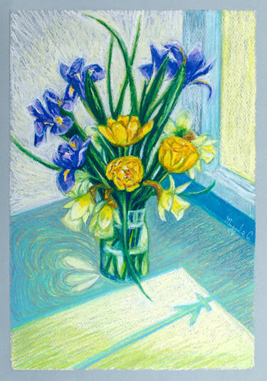 Drawing titled "Irises and tulips" by Oksana Muzyka, Original Artwork, Pastel