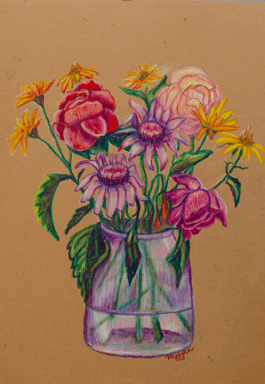 Drawing titled "Flowers from the ga…" by Oksana Muzyka, Original Artwork, Conté