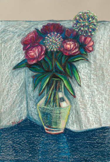 Drawing titled "Peonies in the dark…" by Oksana Muzyka, Original Artwork, Pastel