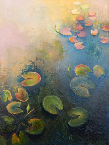 Painting titled "Water lily leaves" by Oksana Zubok, Original Artwork, Oil