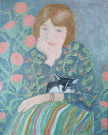 Pittura intitolato ""Girl with a cat"" da Olga Gordienok, Opera d'arte originale, Olio