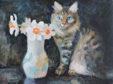 Картина под названием "Spring cat" - Oльга Гордиенок, Подлинное произведение искусства, Масло