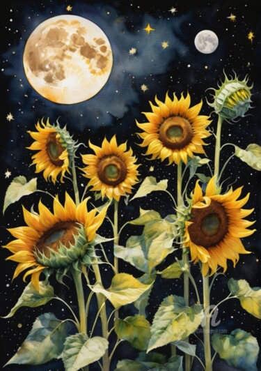 Dibujo titulada "Gold of sunflowers." por Olga Makarova, Obra de arte original, Acuarela