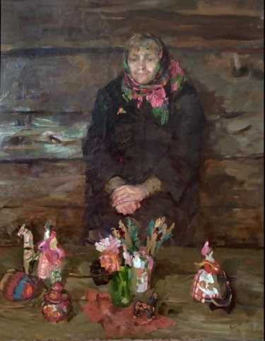 Painting titled "Баба с игрушками,Th…" by Olga Puzanova, Original Artwork, Oil