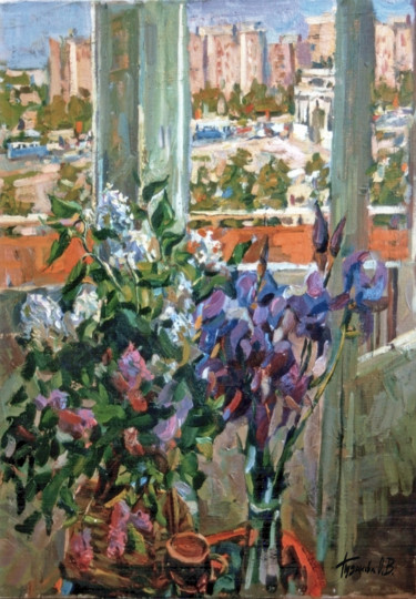 Malerei mit dem Titel "Interior with irises" von Olga Puzanova, Original-Kunstwerk, Öl