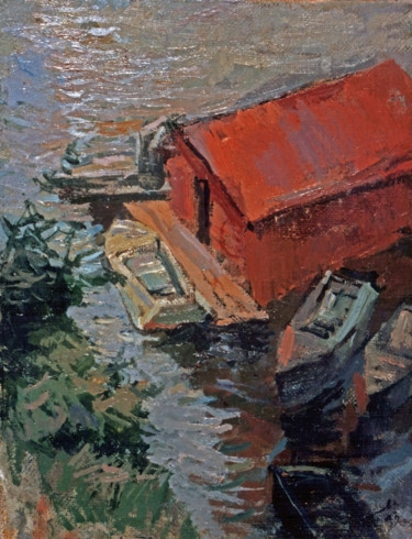 Painting titled "Quiet marina" by Olga Puzanova, Original Artwork, Oil
