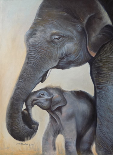 Картина под названием "Elepant and Calf" - Olaoluwa Smith, Подлинное произведение искусства, Масло