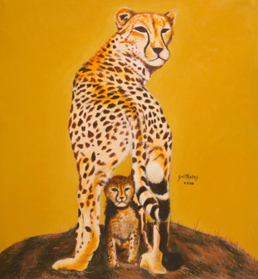 Painting titled "Leopard and Cub" by Olaoluwa Smith, Original Artwork, Acrylic