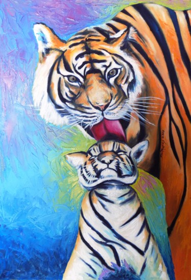Pittura intitolato "Tiger and Cub" da Olaoluwa Smith, Opera d'arte originale, Olio