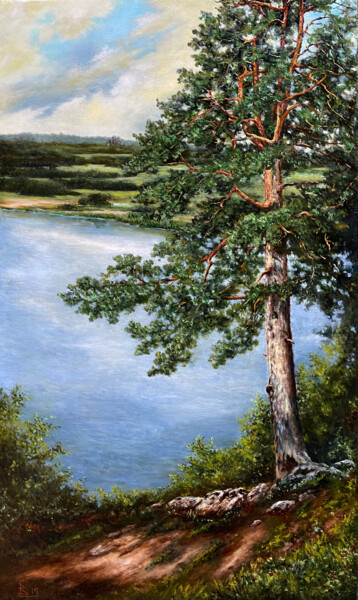 Painting titled "The pine on the sho…" by Oleg Baulin, Original Artwork, Oil
