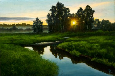 Painting titled "Silent dawn" by Oleg Baulin, Original Artwork, Oil Mounted on Wood Stretcher frame