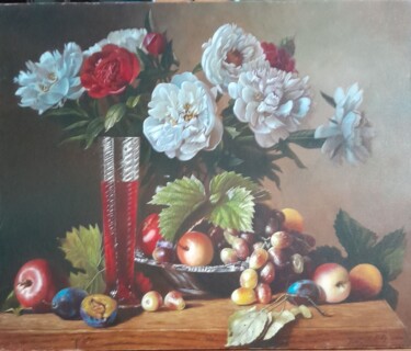 Картина под названием "Натюрморт с пионами…" - Олег Дыдышко, Подлинное произведение искусства, Масло
