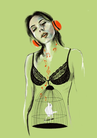 Digital Arts titled "A girl with headpho…" by Oleg Khe, Original Artwork, Digital Painting