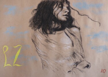 Рисунок под названием "A girl with curly h…" - Олег Хе, Подлинное произведение искусства, Древесный уголь