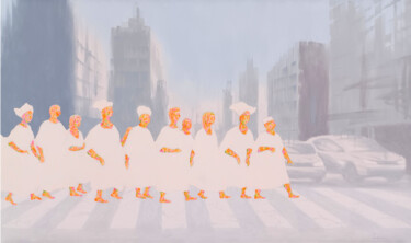 Schilderij getiteld "People in the city" door Oleh Lavrii, Origineel Kunstwerk, Acryl
