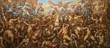 Картина под названием "Битва с амазонками" - Олег Литвинов, Подлинное произведение искусства, Масло