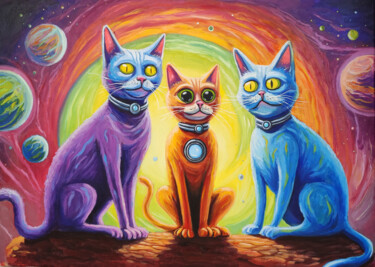 Ζωγραφική με τίτλο "Космо кошки" από Oleg Lubitelev, Αυθεντικά έργα τέχνης, Λάδι