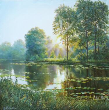 Painting titled "Sunrise on the Rive…" by Oleg Riabchuk, Original Artwork, Oil