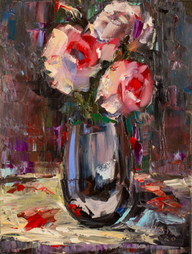 Pittura intitolato "Roses in a vase. St…" da Oleg Sharapanovsky, Opera d'arte originale, Olio Montato su Telaio per barella…